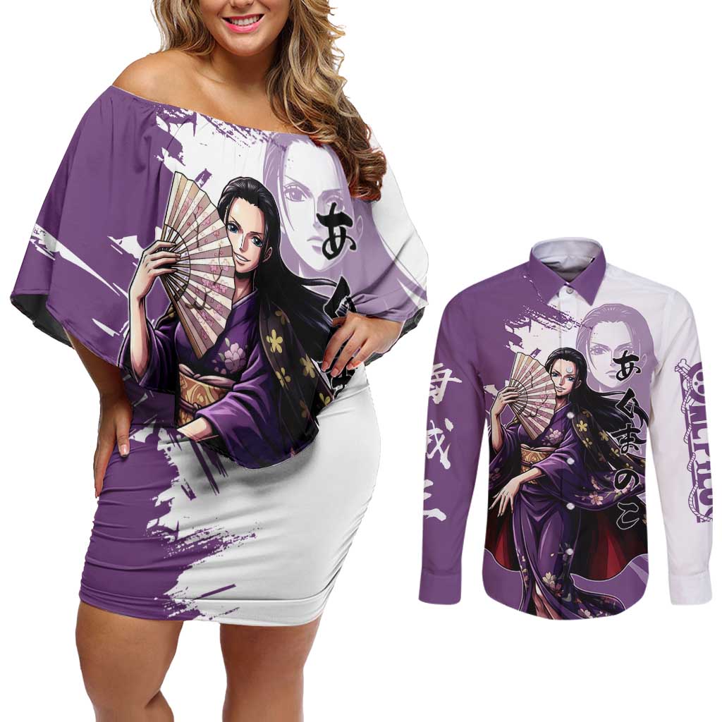 Nico Robin in Wano Kimono Elegance Couples Matching Off Shoulder Short Dress and Long Sleeve Button Shirt Demon Child in Regal Purple - One Piece Wano Style