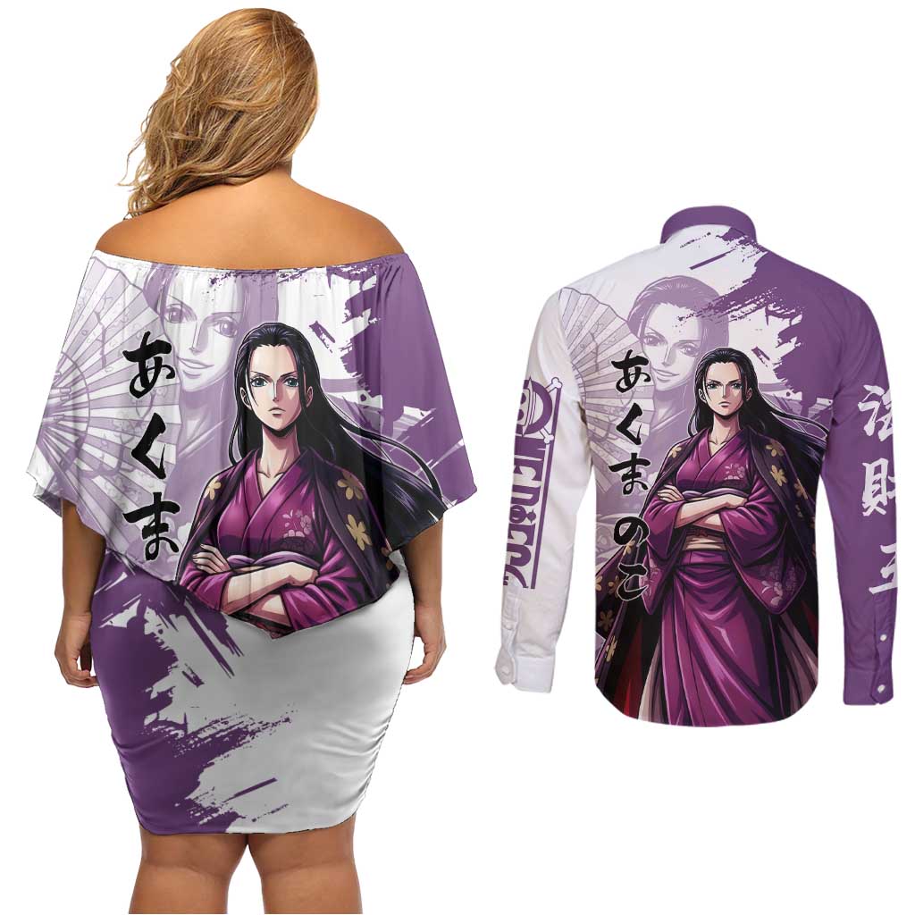 Nico Robin in Wano Kimono Elegance Couples Matching Off Shoulder Short Dress and Long Sleeve Button Shirt Demon Child in Regal Purple - One Piece Wano Style