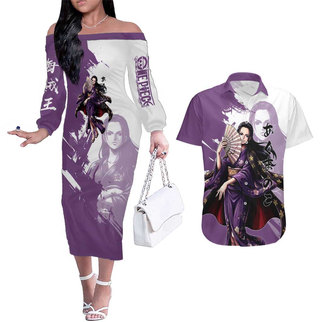 Nico Robin in Wano Kimono Elegance Couples Matching Off The Shoulder Long Sleeve Dress and Hawaiian Shirt Demon Child in Regal Purple - One Piece Wano Style