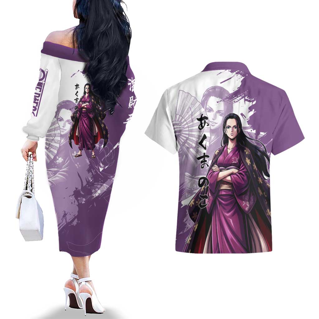 Nico Robin in Wano Kimono Elegance Couples Matching Off The Shoulder Long Sleeve Dress and Hawaiian Shirt Demon Child in Regal Purple - One Piece Wano Style