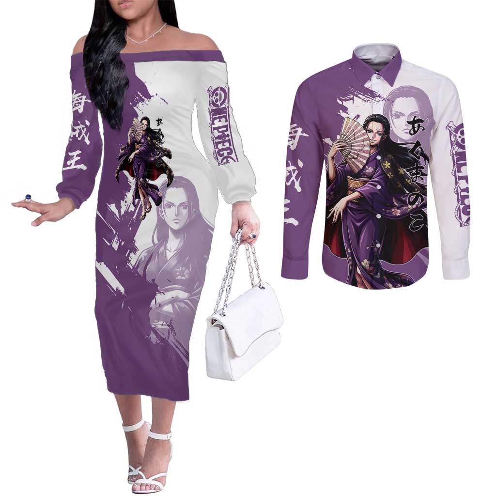 Nico Robin in Wano Kimono Elegance Couples Matching Off The Shoulder Long Sleeve Dress and Long Sleeve Button Shirt Demon Child in Regal Purple - One Piece Wano Style