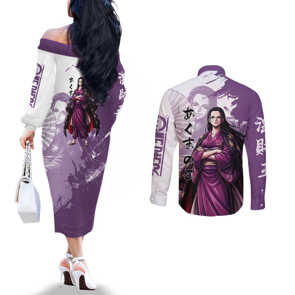 Nico Robin in Wano Kimono Elegance Couples Matching Off The Shoulder Long Sleeve Dress and Long Sleeve Button Shirt Demon Child in Regal Purple - One Piece Wano Style