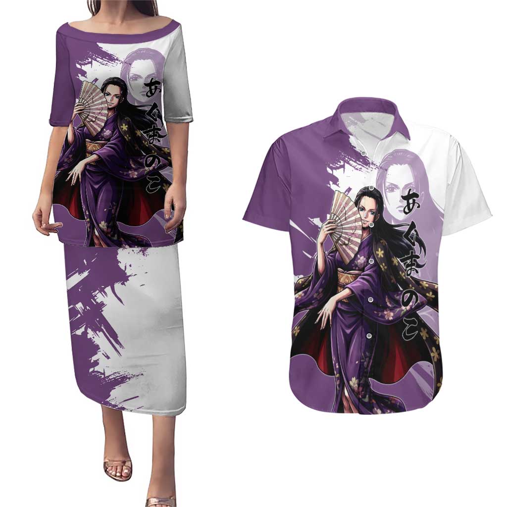Nico Robin in Wano Kimono Elegance Couples Matching Puletasi and Hawaiian Shirt Demon Child in Regal Purple - One Piece Wano Style