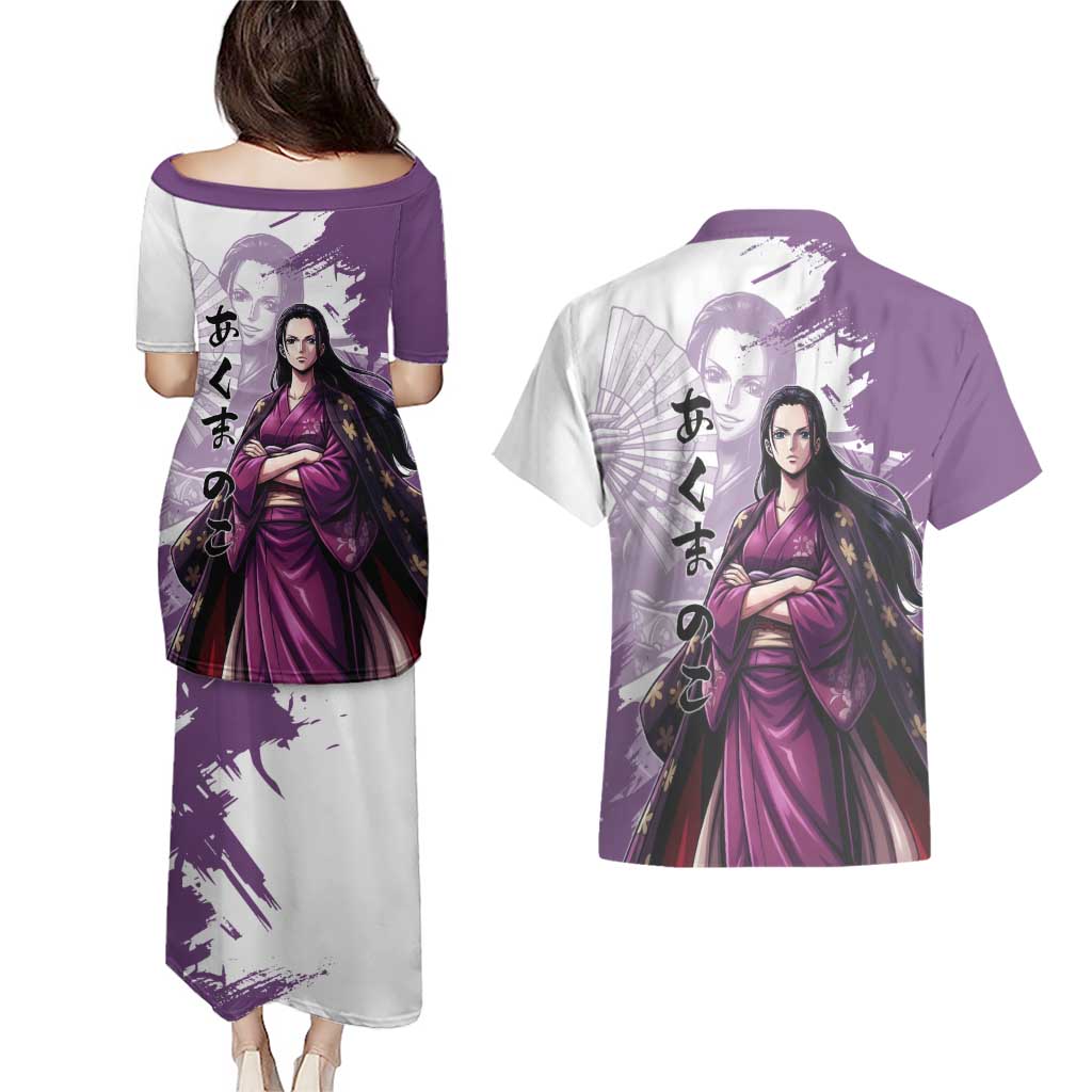 Nico Robin in Wano Kimono Elegance Couples Matching Puletasi and Hawaiian Shirt Demon Child in Regal Purple - One Piece Wano Style