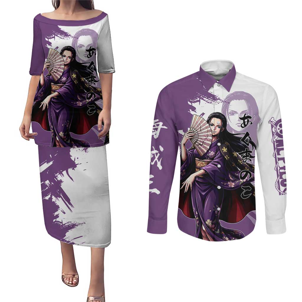 Nico Robin in Wano Kimono Elegance Couples Matching Puletasi and Long Sleeve Button Shirt Demon Child in Regal Purple - One Piece Wano Style