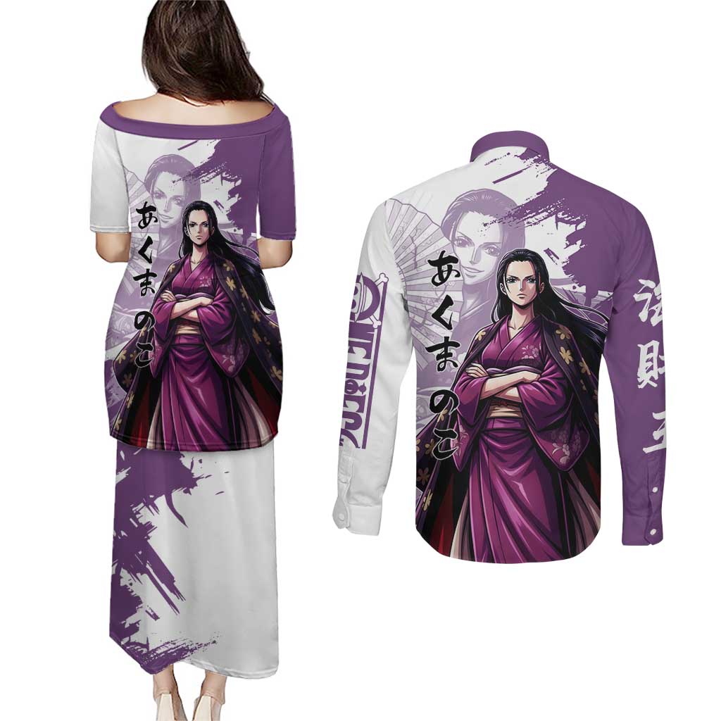 Nico Robin in Wano Kimono Elegance Couples Matching Puletasi and Long Sleeve Button Shirt Demon Child in Regal Purple - One Piece Wano Style