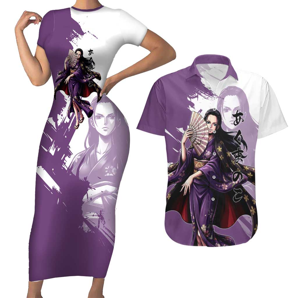 Nico Robin in Wano Kimono Elegance Couples Matching Short Sleeve Bodycon Dress and Hawaiian Shirt Demon Child in Regal Purple - One Piece Wano Style