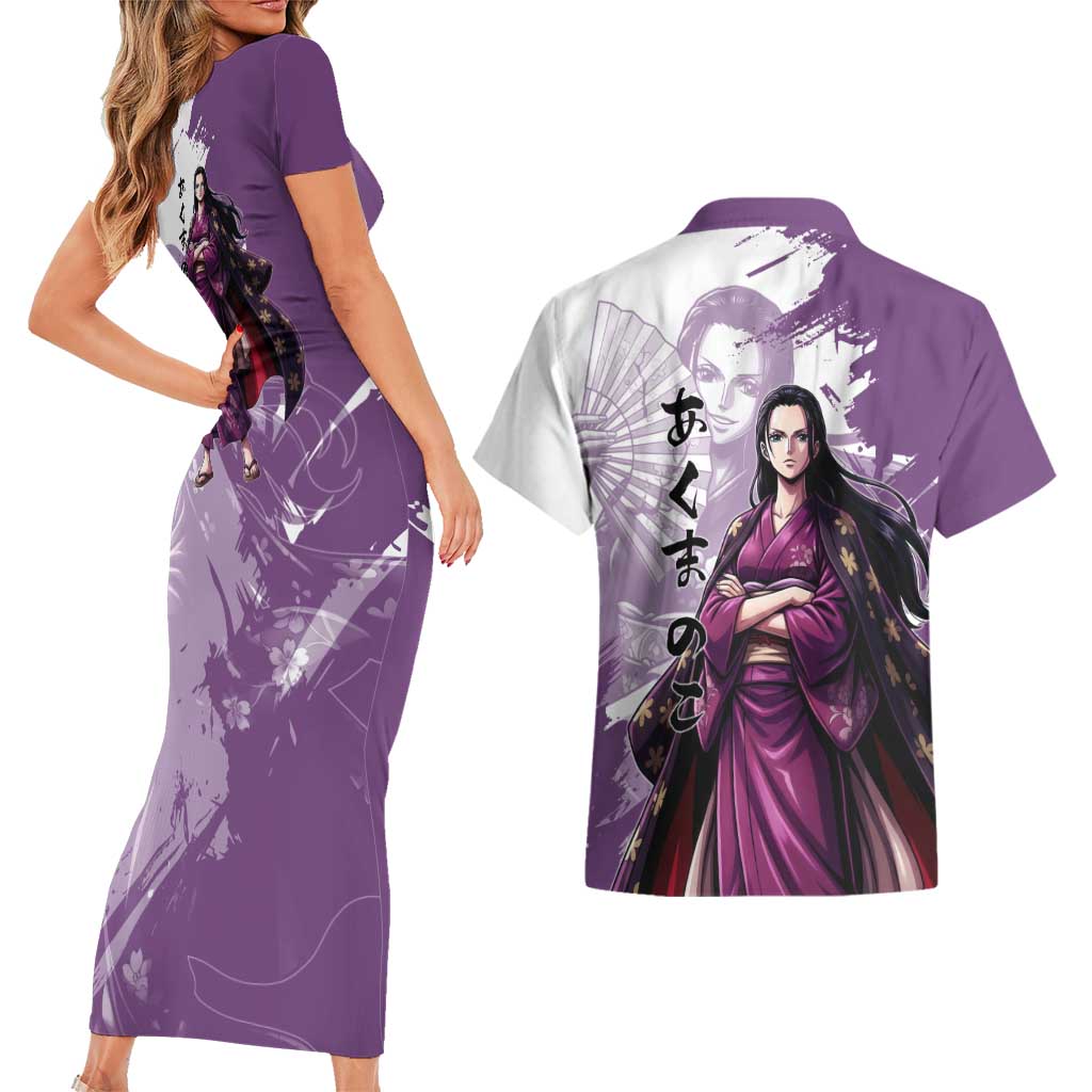 Nico Robin in Wano Kimono Elegance Couples Matching Short Sleeve Bodycon Dress and Hawaiian Shirt Demon Child in Regal Purple - One Piece Wano Style