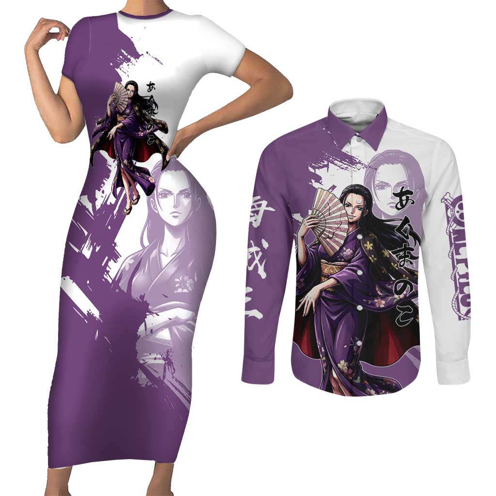 Nico Robin in Wano Kimono Elegance Couples Matching Short Sleeve Bodycon Dress and Long Sleeve Button Shirt Demon Child in Regal Purple - One Piece Wano Style