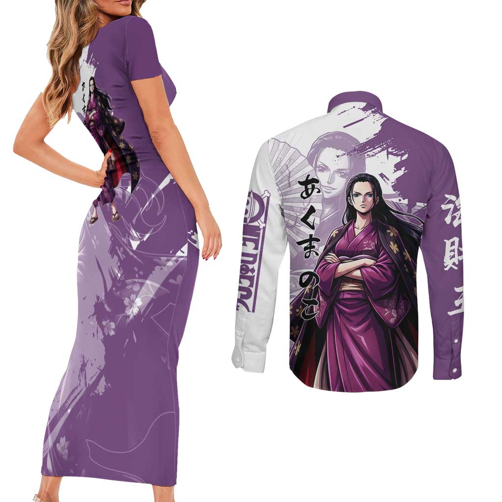 Nico Robin in Wano Kimono Elegance Couples Matching Short Sleeve Bodycon Dress and Long Sleeve Button Shirt Demon Child in Regal Purple - One Piece Wano Style