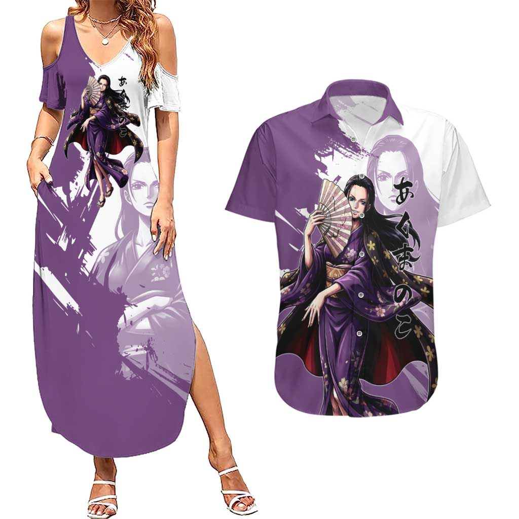 Nico Robin in Wano Kimono Elegance Couples Matching Summer Maxi Dress and Hawaiian Shirt Demon Child in Regal Purple - One Piece Wano Style