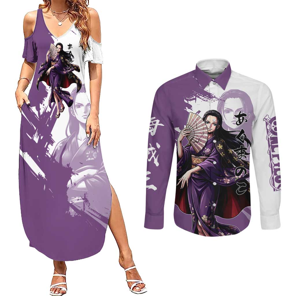 Nico Robin in Wano Kimono Elegance Couples Matching Summer Maxi Dress and Long Sleeve Button Shirt Demon Child in Regal Purple - One Piece Wano Style