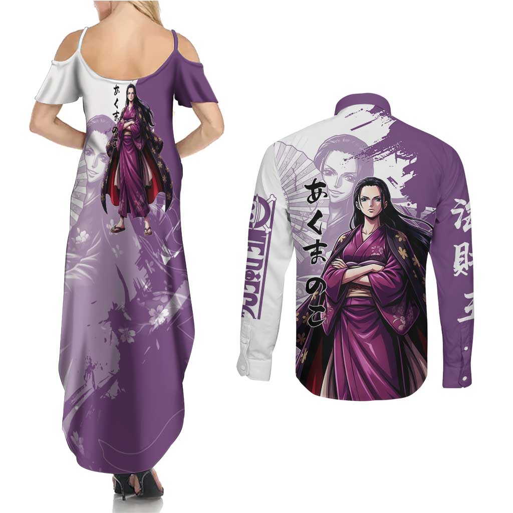 Nico Robin in Wano Kimono Elegance Couples Matching Summer Maxi Dress and Long Sleeve Button Shirt Demon Child in Regal Purple - One Piece Wano Style