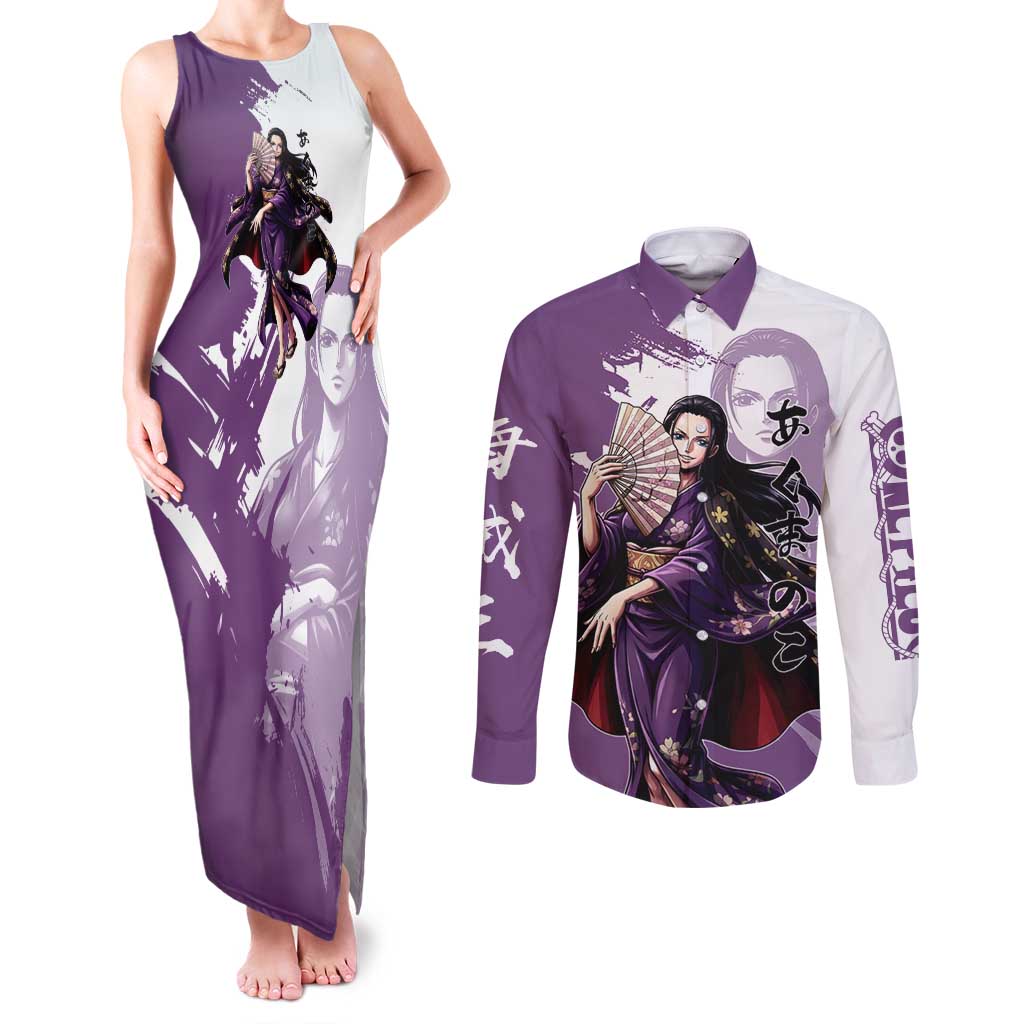 Nico Robin in Wano Kimono Elegance Couples Matching Tank Maxi Dress and Long Sleeve Button Shirt Demon Child in Regal Purple - One Piece Wano Style