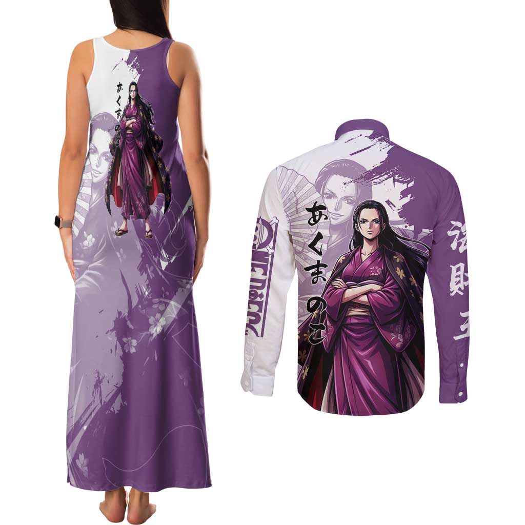 Nico Robin in Wano Kimono Elegance Couples Matching Tank Maxi Dress and Long Sleeve Button Shirt Demon Child in Regal Purple - One Piece Wano Style