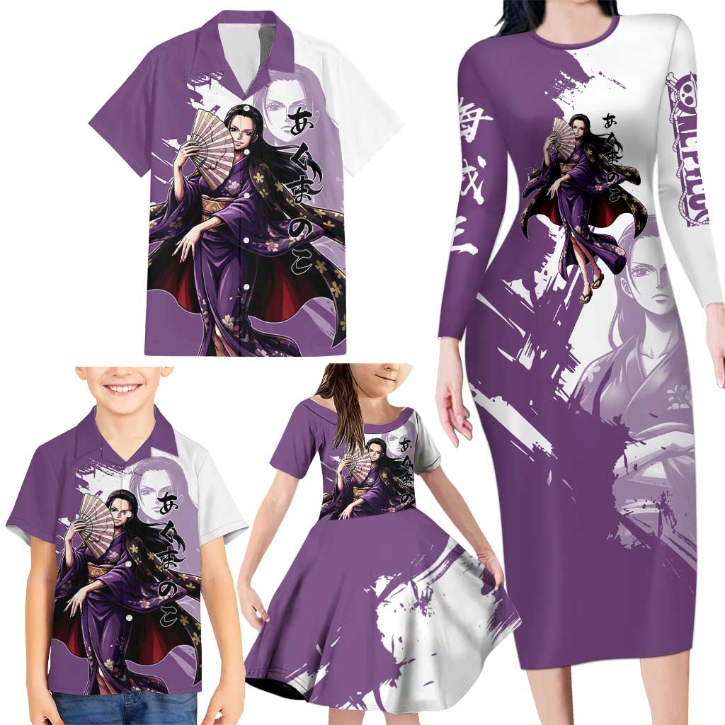 Nico Robin in Wano Kimono Elegance Family Matching Long Sleeve Bodycon Dress and Hawaiian Shirt Demon Child in Regal Purple - One Piece Wano Style