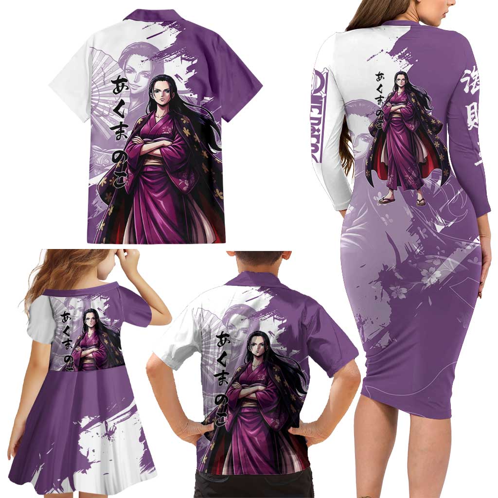 Nico Robin in Wano Kimono Elegance Family Matching Long Sleeve Bodycon Dress and Hawaiian Shirt Demon Child in Regal Purple - One Piece Wano Style