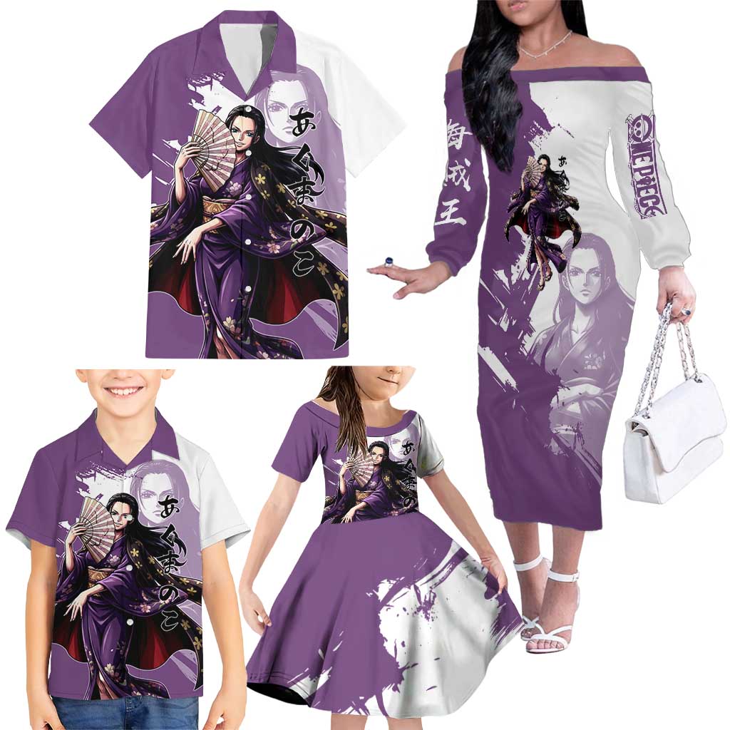 Nico Robin in Wano Kimono Elegance Family Matching Off The Shoulder Long Sleeve Dress and Hawaiian Shirt Demon Child in Regal Purple - One Piece Wano Style