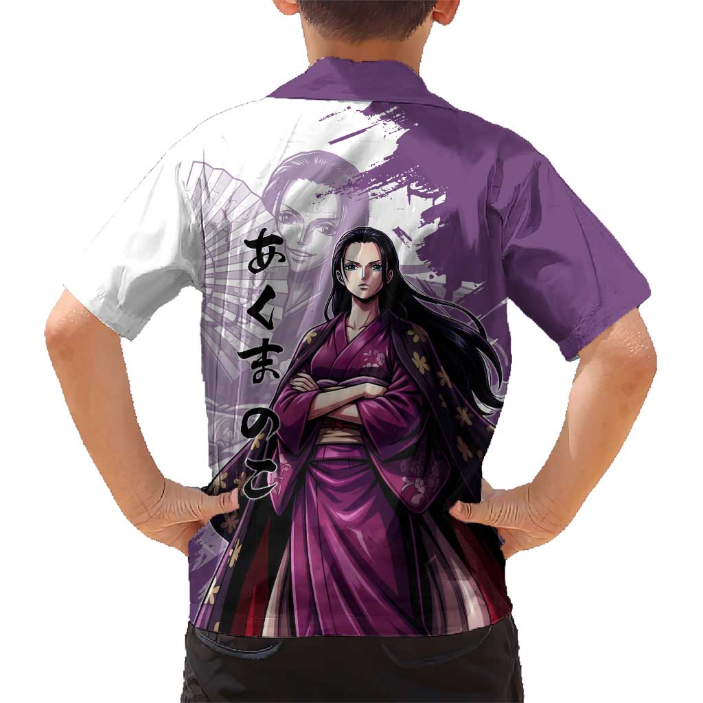 Nico Robin in Wano Kimono Elegance Family Matching Off The Shoulder Long Sleeve Dress and Hawaiian Shirt Demon Child in Regal Purple - One Piece Wano Style