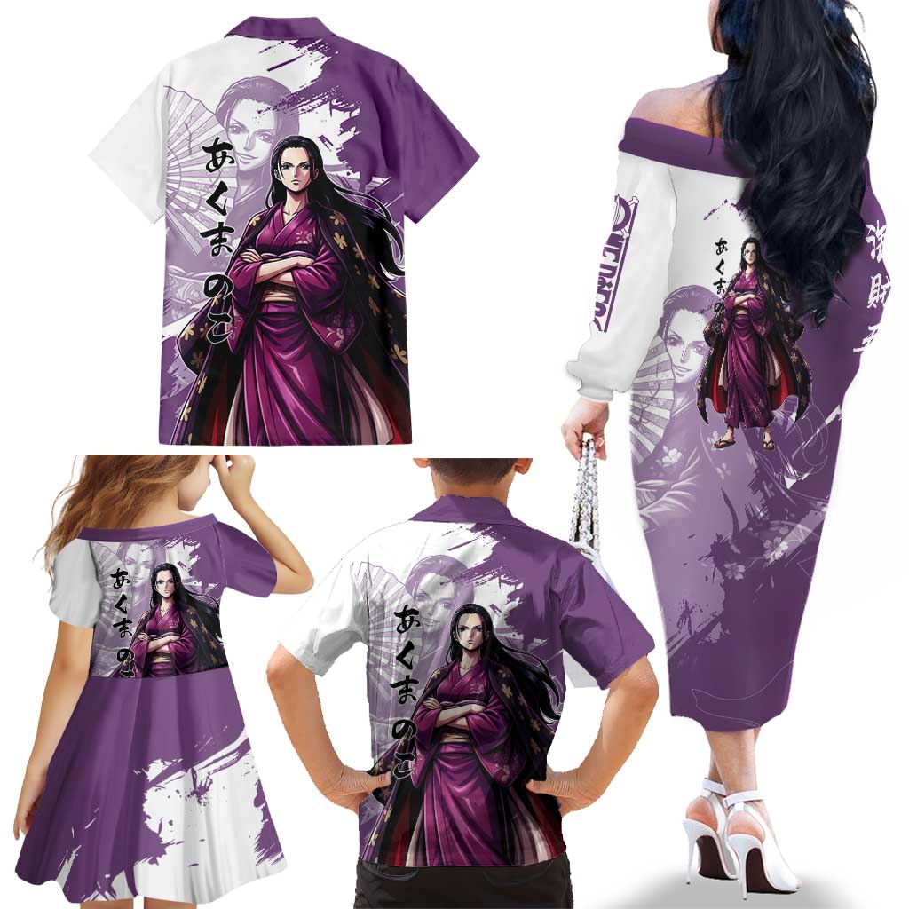 Nico Robin in Wano Kimono Elegance Family Matching Off The Shoulder Long Sleeve Dress and Hawaiian Shirt Demon Child in Regal Purple - One Piece Wano Style