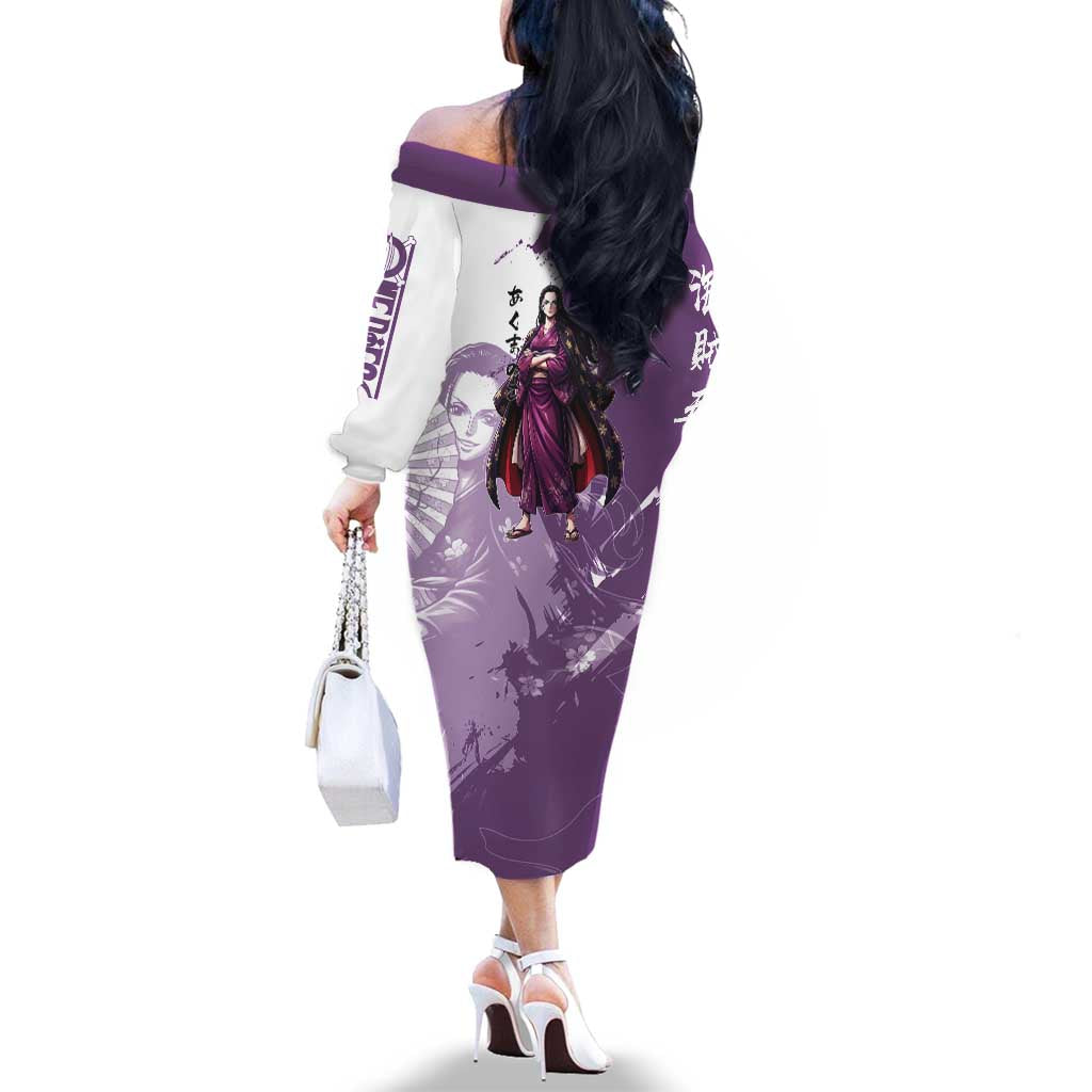 Nico Robin in Wano Kimono Elegance Family Matching Off The Shoulder Long Sleeve Dress and Hawaiian Shirt Demon Child in Regal Purple - One Piece Wano Style