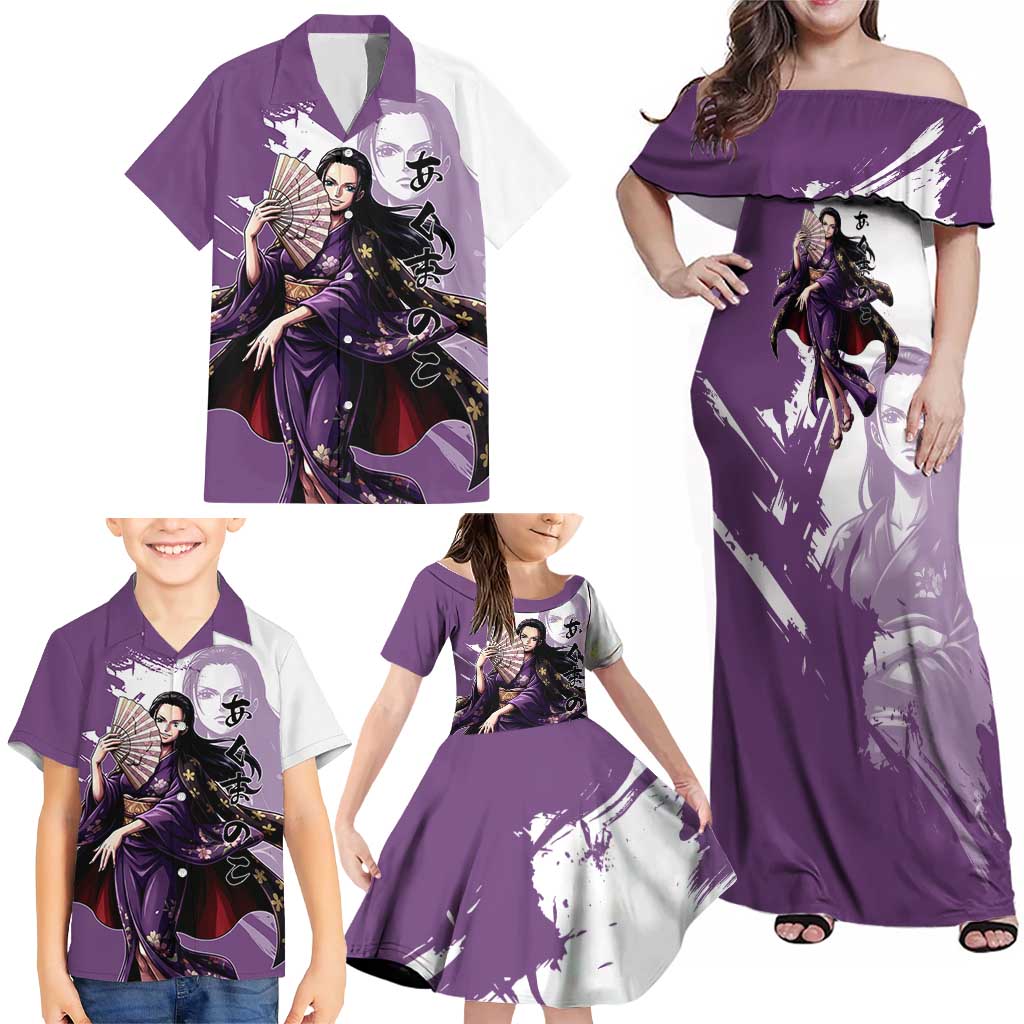 Nico Robin in Wano Kimono Elegance Family Matching Off Shoulder Maxi Dress and Hawaiian Shirt Demon Child in Regal Purple - One Piece Wano Style