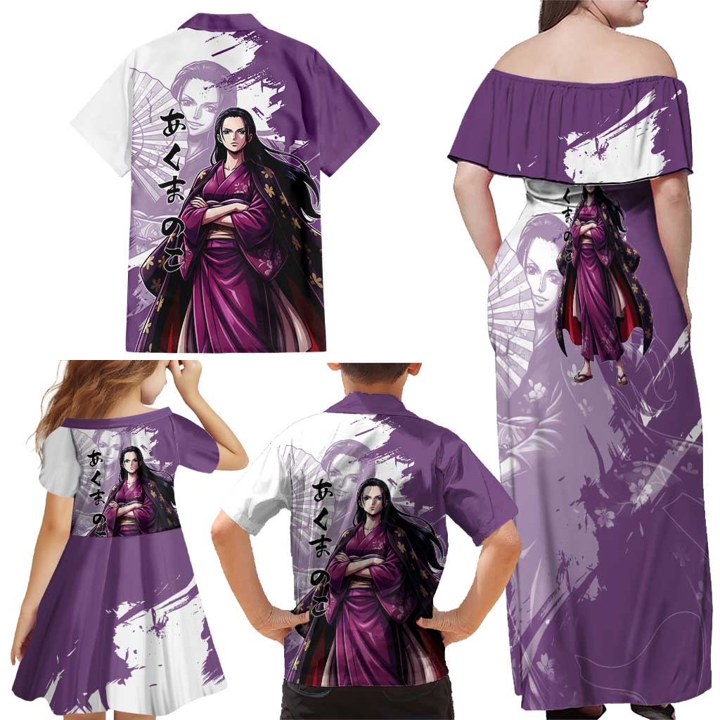 Nico Robin in Wano Kimono Elegance Family Matching Off Shoulder Maxi Dress and Hawaiian Shirt Demon Child in Regal Purple - One Piece Wano Style