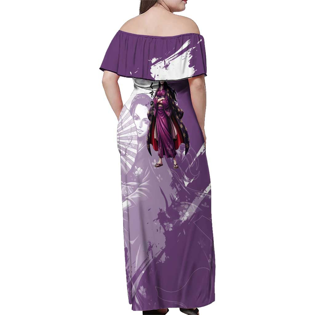 Nico Robin in Wano Kimono Elegance Family Matching Off Shoulder Maxi Dress and Hawaiian Shirt Demon Child in Regal Purple - One Piece Wano Style