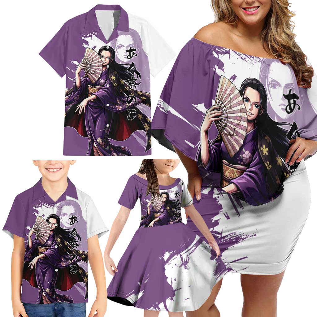 Nico Robin in Wano Kimono Elegance Family Matching Off Shoulder Short Dress and Hawaiian Shirt Demon Child in Regal Purple - One Piece Wano Style