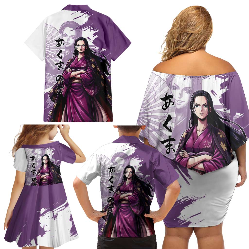Nico Robin in Wano Kimono Elegance Family Matching Off Shoulder Short Dress and Hawaiian Shirt Demon Child in Regal Purple - One Piece Wano Style