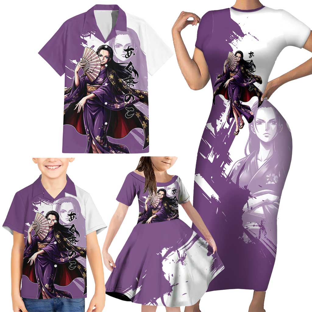 Nico Robin in Wano Kimono Elegance Family Matching Short Sleeve Bodycon Dress and Hawaiian Shirt Demon Child in Regal Purple - One Piece Wano Style