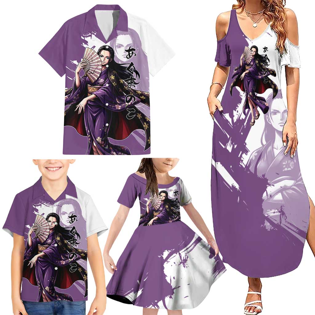 Nico Robin in Wano Kimono Elegance Family Matching Summer Maxi Dress and Hawaiian Shirt Demon Child in Regal Purple - One Piece Wano Style