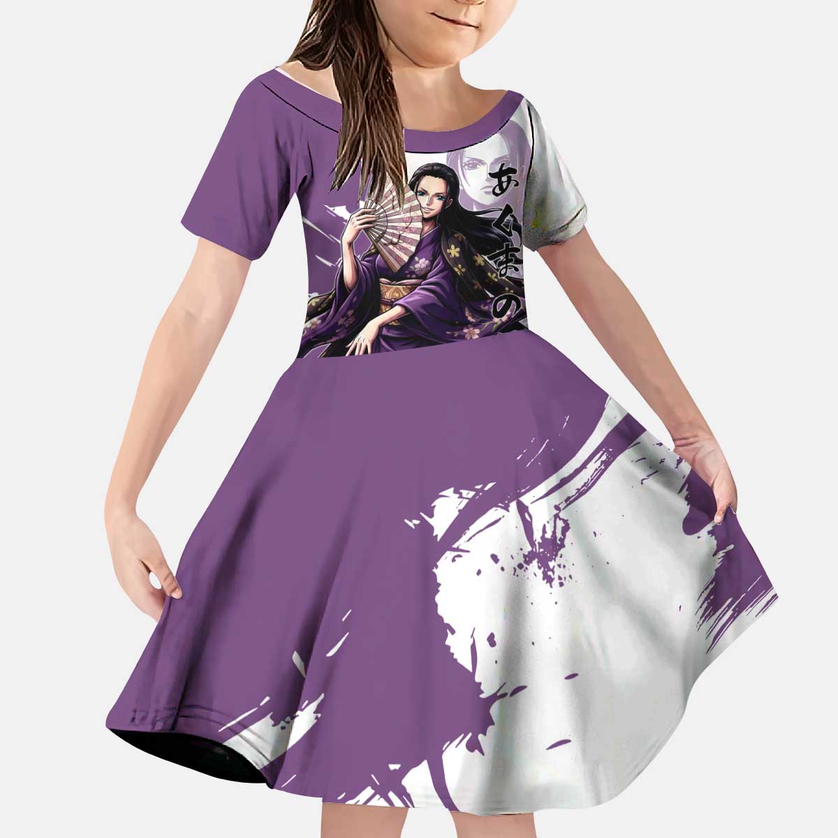 Nico Robin in Wano Kimono Elegance Kid Short Sleeve Dress Demon Child in Regal Purple - One Piece Wano Style