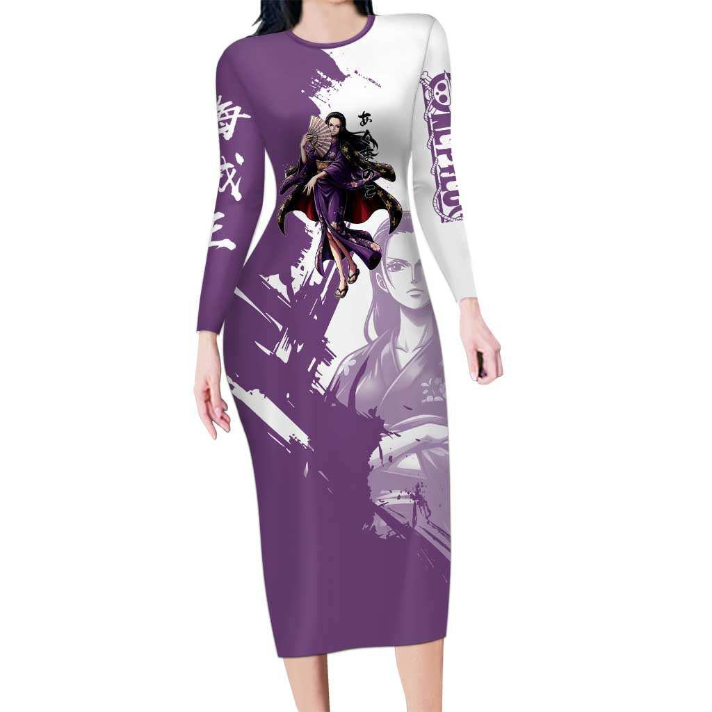 Nico Robin in Wano Kimono Elegance Long Sleeve Bodycon Dress Demon Child in Regal Purple - One Piece Wano Style