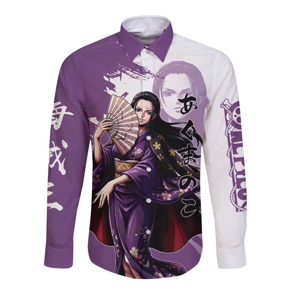 Nico Robin in Wano Kimono Elegance Long Sleeve Button Shirt Demon Child in Regal Purple - One Piece Wano Style