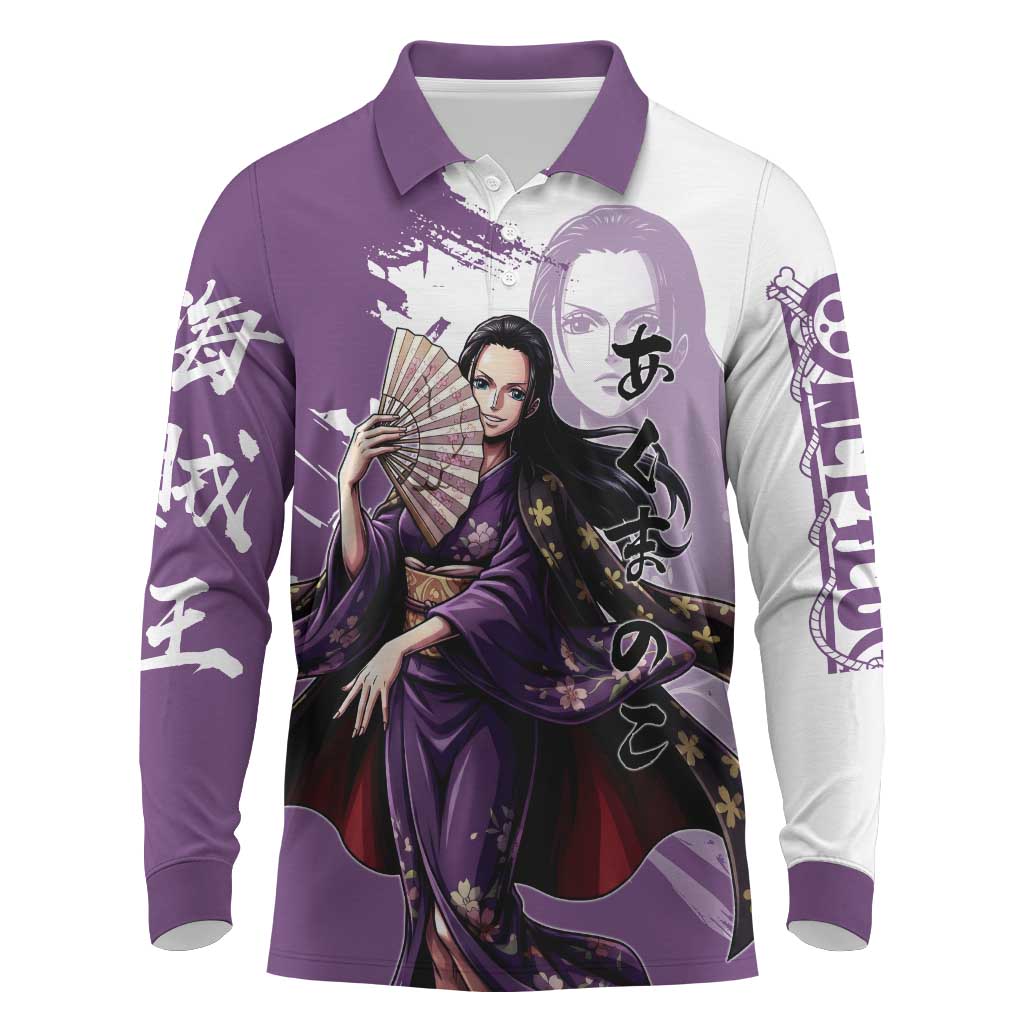 Nico Robin in Wano Kimono Elegance Long Sleeve Polo Shirt Demon Child in Regal Purple - One Piece Wano Style
