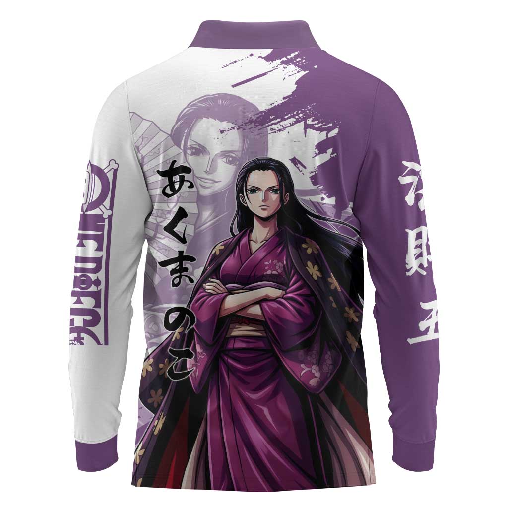 Nico Robin in Wano Kimono Elegance Long Sleeve Polo Shirt Demon Child in Regal Purple - One Piece Wano Style