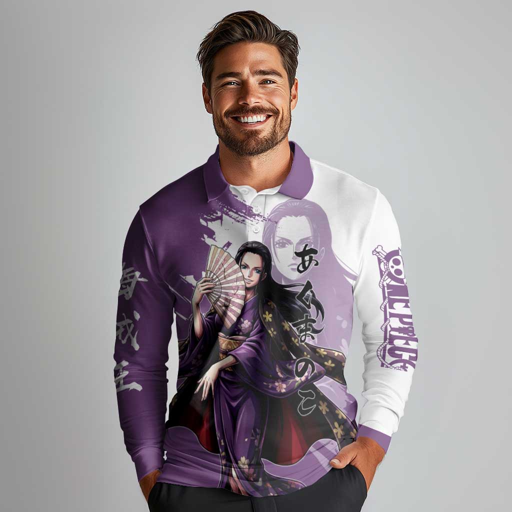 Nico Robin in Wano Kimono Elegance Long Sleeve Polo Shirt Demon Child in Regal Purple - One Piece Wano Style