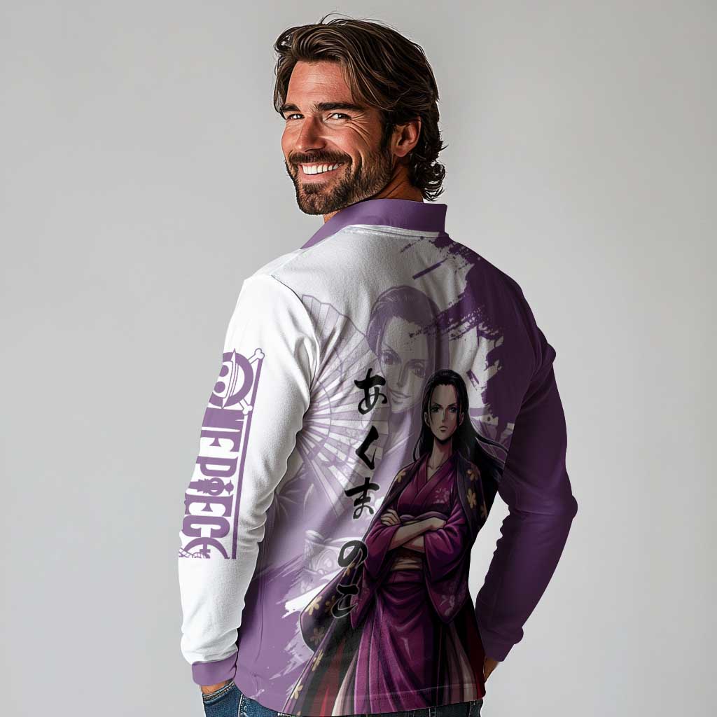 Nico Robin in Wano Kimono Elegance Long Sleeve Polo Shirt Demon Child in Regal Purple - One Piece Wano Style