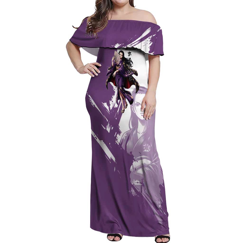 Nico Robin in Wano Kimono Elegance Off Shoulder Maxi Dress Demon Child in Regal Purple - One Piece Wano Style