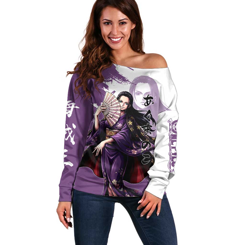 Nico Robin in Wano Kimono Elegance Off Shoulder Sweater Demon Child in Regal Purple - One Piece Wano Style