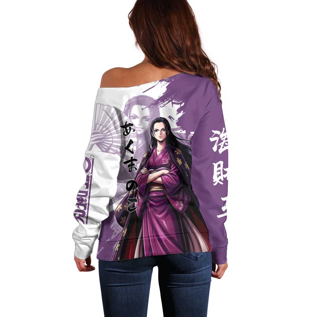 Nico Robin in Wano Kimono Elegance Off Shoulder Sweater Demon Child in Regal Purple - One Piece Wano Style