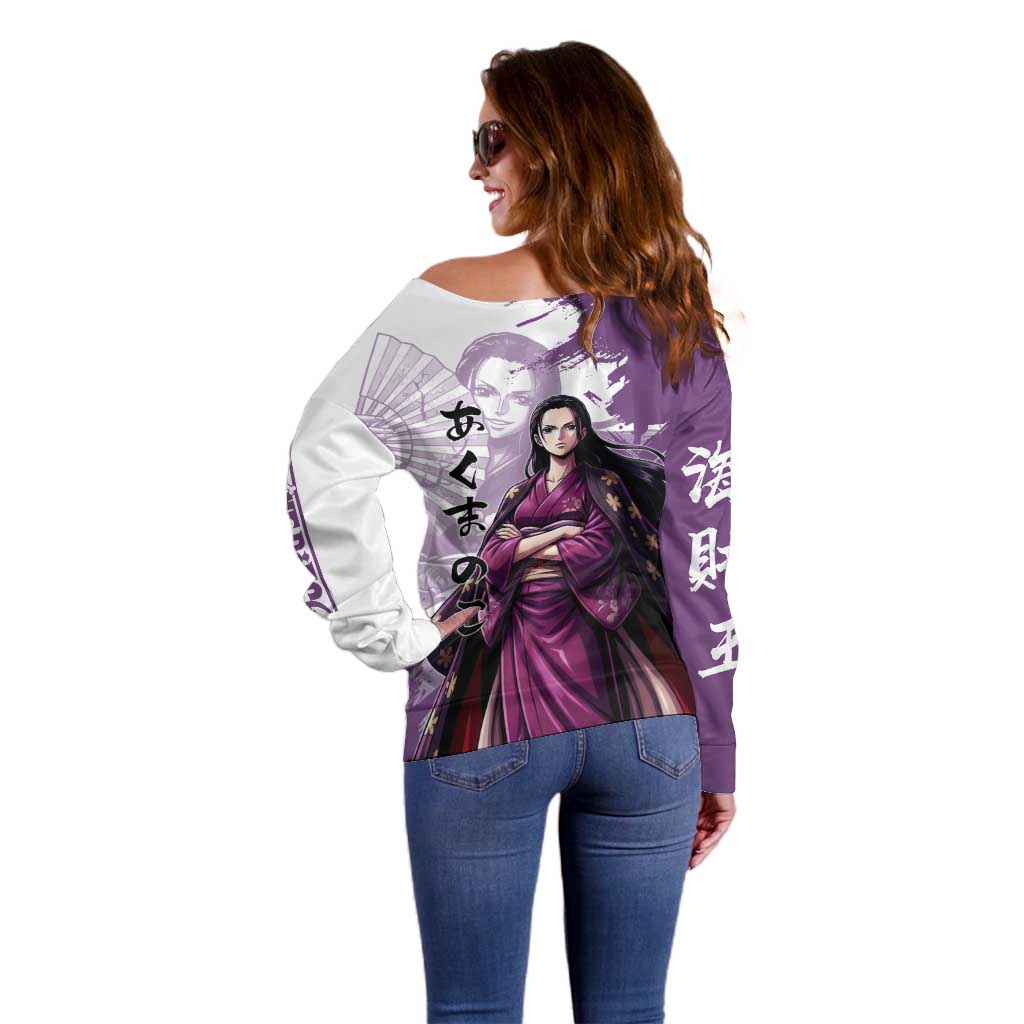 Nico Robin in Wano Kimono Elegance Off Shoulder Sweater Demon Child in Regal Purple - One Piece Wano Style