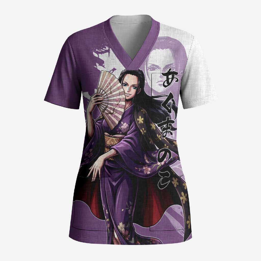 Nico Robin in Wano Kimono Elegance Scrub Top Demon Child in Regal Purple - One Piece Wano Style
