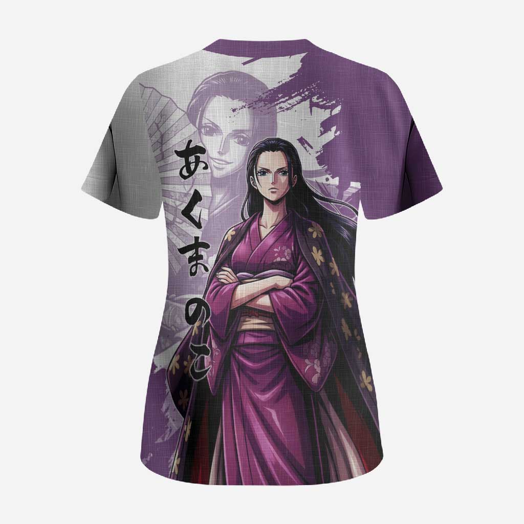 Nico Robin in Wano Kimono Elegance Scrub Top Demon Child in Regal Purple - One Piece Wano Style