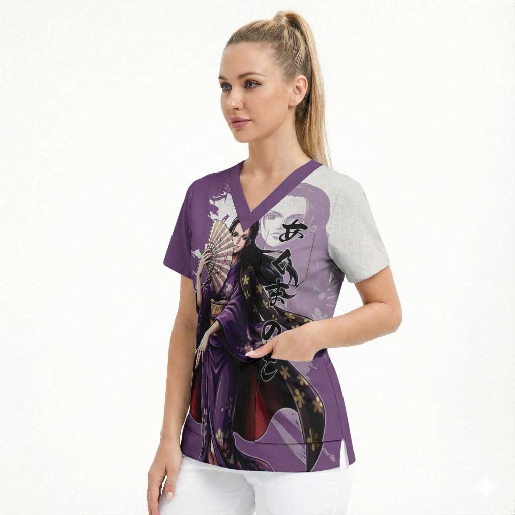 Nico Robin in Wano Kimono Elegance Scrub Top Demon Child in Regal Purple - One Piece Wano Style