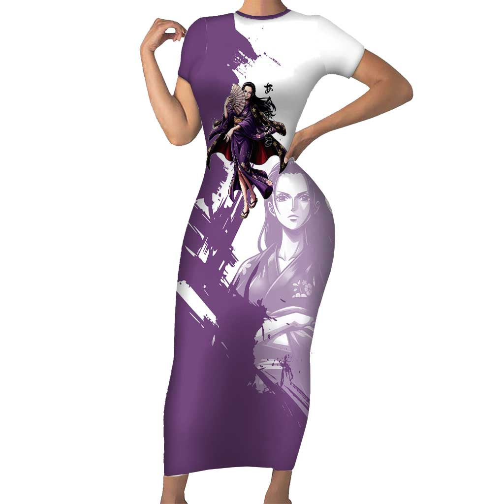 Nico Robin in Wano Kimono Elegance Short Sleeve Bodycon Dress Demon Child in Regal Purple - One Piece Wano Style