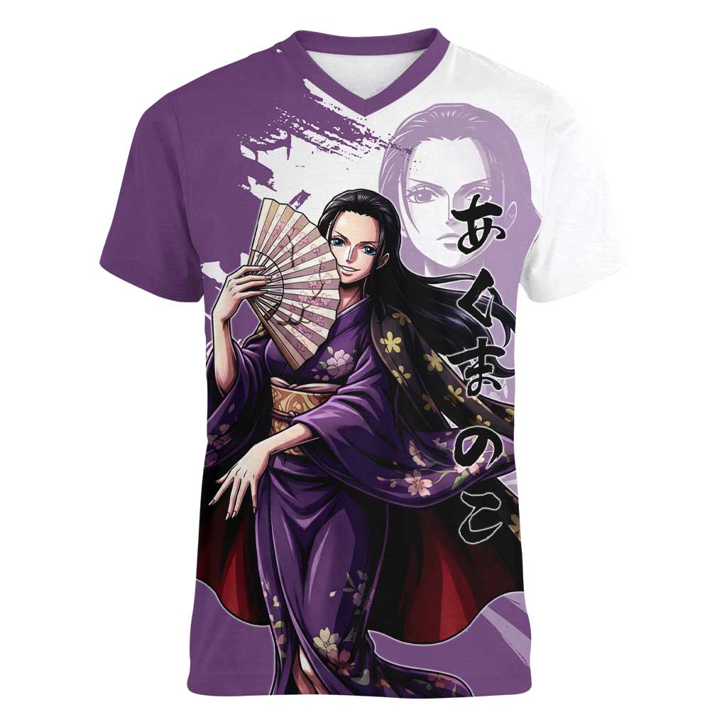 Nico Robin in Wano Kimono Elegance Women V-Neck T-Shirt Demon Child in Regal Purple - One Piece Wano Style
