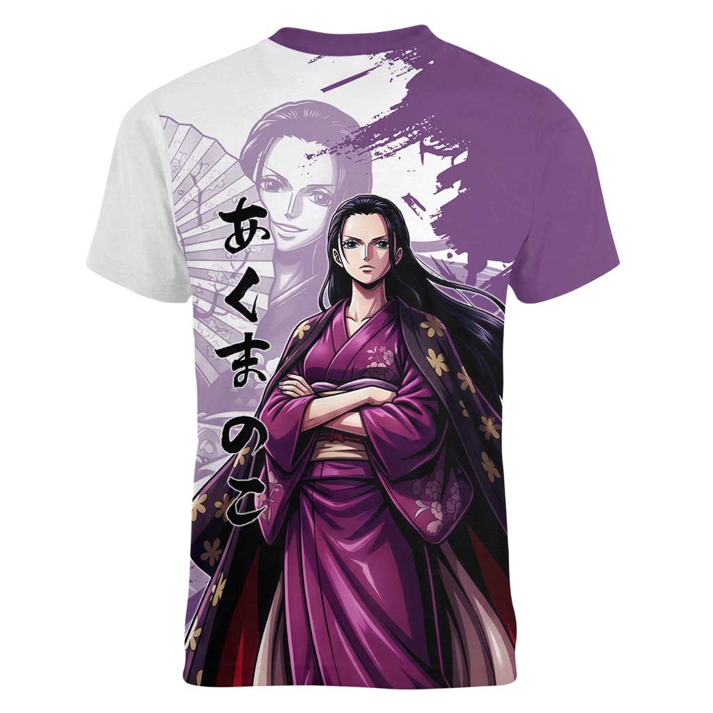 Nico Robin in Wano Kimono Elegance Women V-Neck T-Shirt Demon Child in Regal Purple - One Piece Wano Style