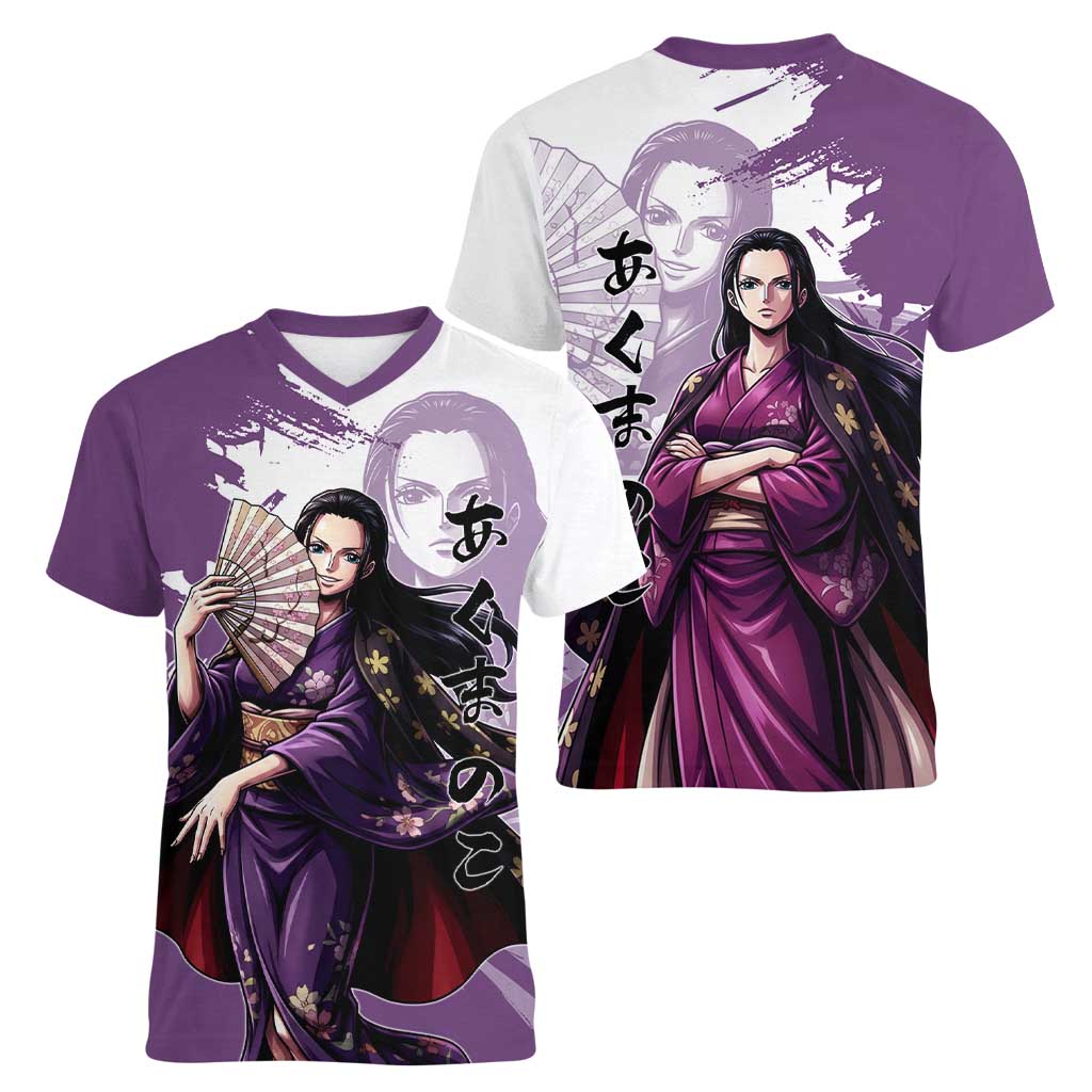 Nico Robin in Wano Kimono Elegance Women V-Neck T-Shirt Demon Child in Regal Purple - One Piece Wano Style